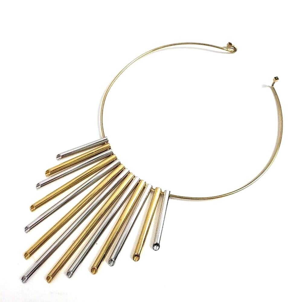 Statement Fan Necklace Round Wire Multi Asymmetric Cylinders Gold Silver Tone